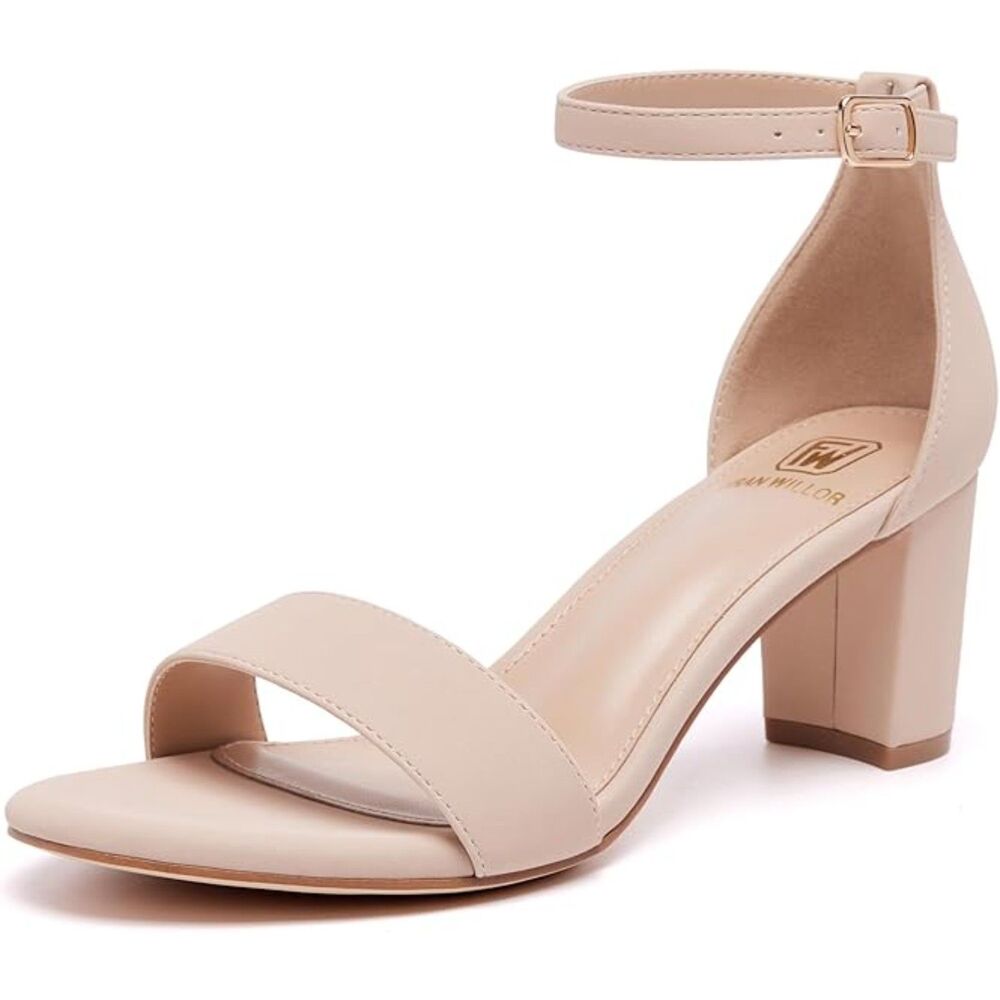Womens Nude Open Toe Ankle Strap Low Chunky Short Heels Wedding Pumps Shoes